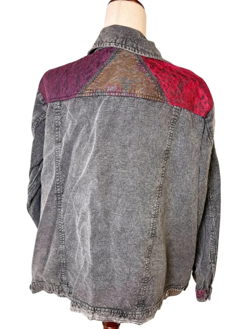 Parsley & Sage Washed Black Patchwork Lace Mixed Media Shirt Jacket Size 2X